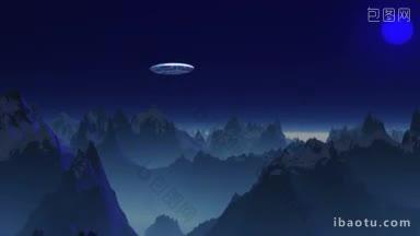 UFO以圆盘的形式带着绿色的机载火苗在深蓝色的天空中飞翔着，一片梦幻